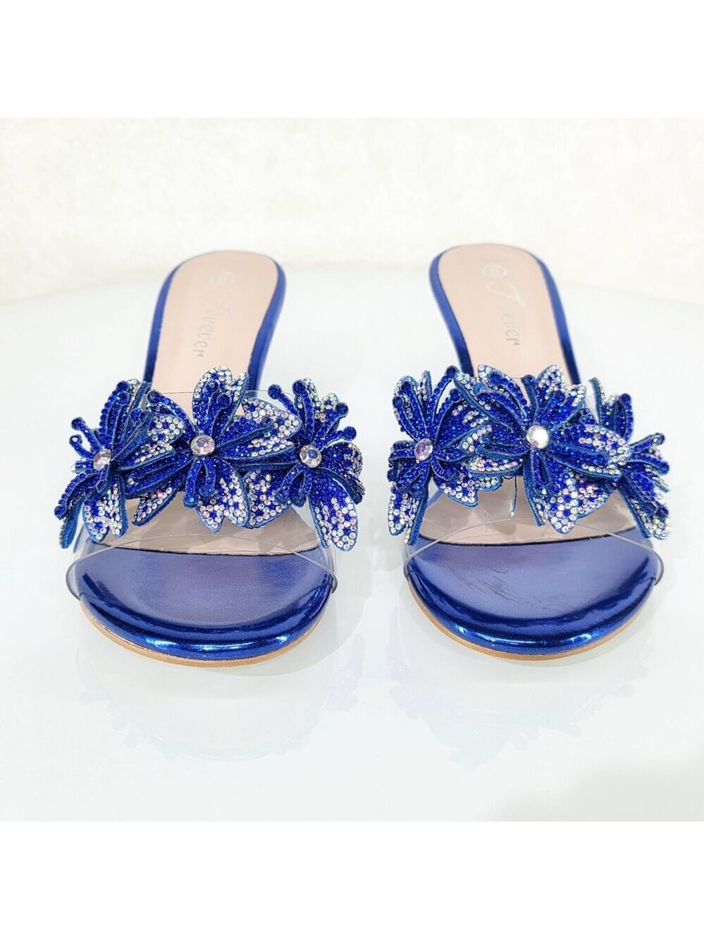 NIB NIB Eva Rhinestone Flower Blue Slip On 2.5" Wedge Heel Casual Party Shoes - Picture 8 of 11